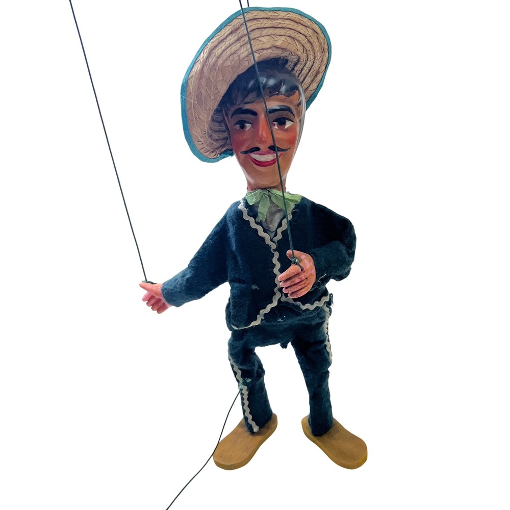 Vintage Mexican Marionette Puppet Charro Hand Painted Folk Art Sombrero Green